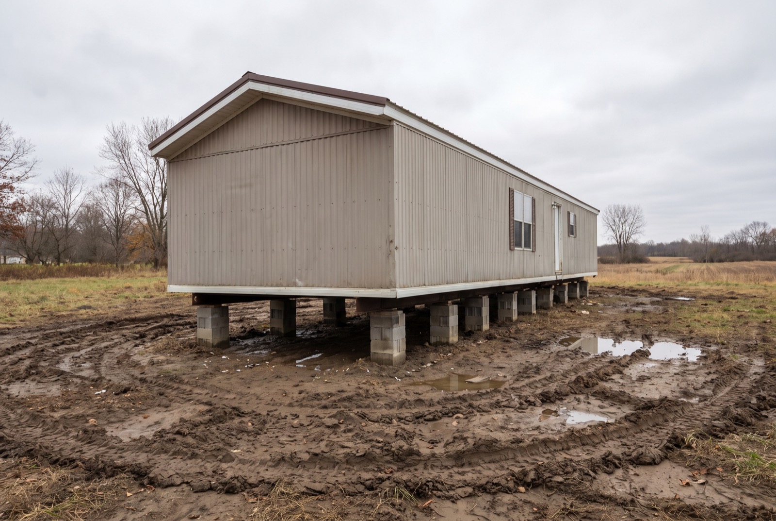 A manufactured home newly set on fresh footings, with disturbed soil around it