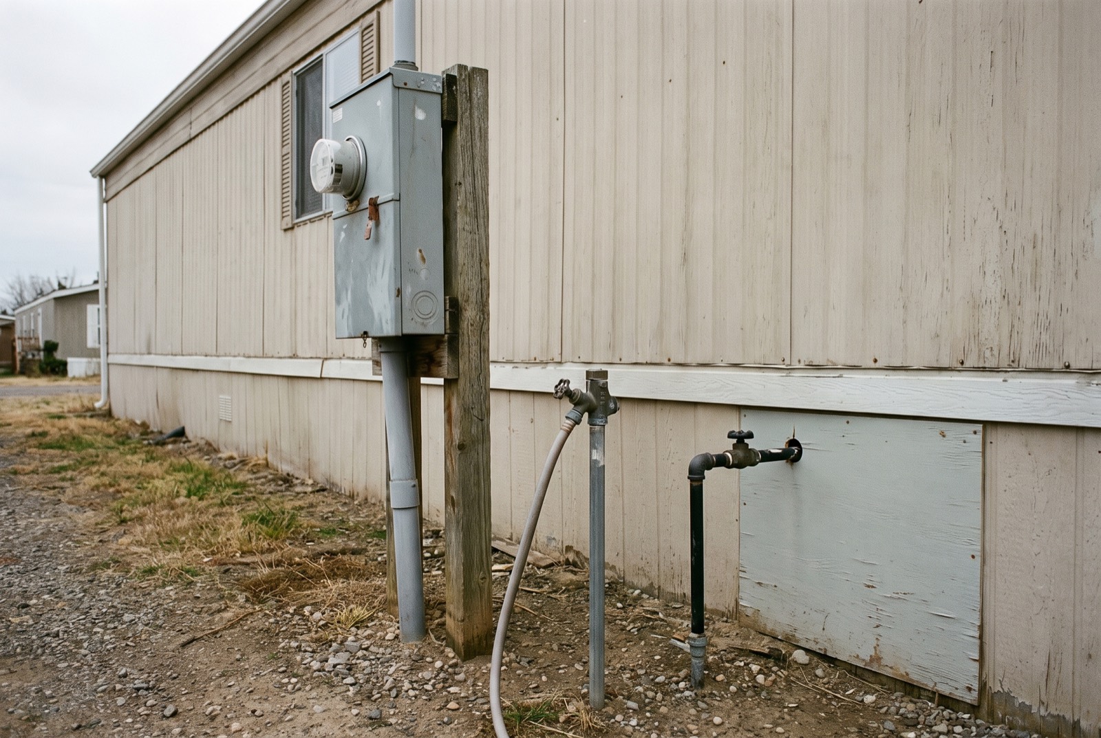 The electric meter, water hydrant and gas line at a manufactured home on a permanent foundation